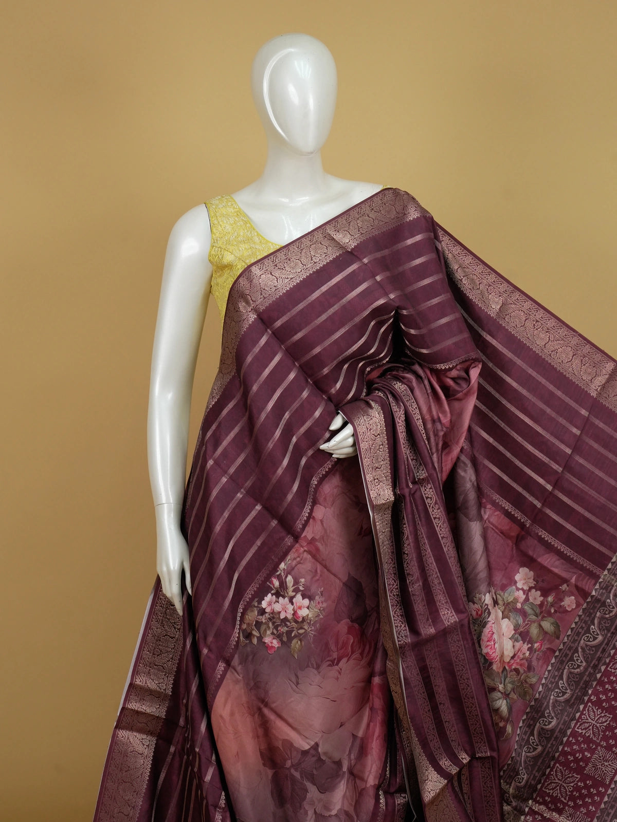 Wine semi tussar saree with gold zari stripes, floral print pallu and zari border