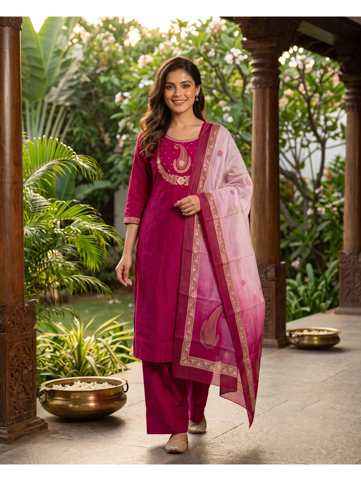 Rani Pink Zari Embroidered Umbrella Kurti Set with Ombre Dupatta
