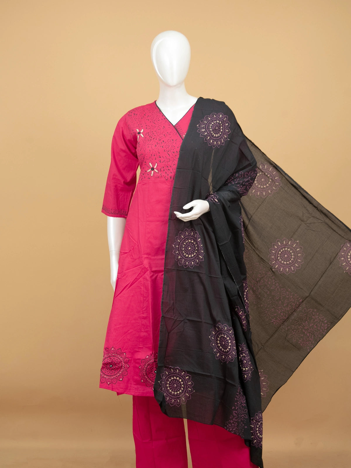 Rani Pink Cotton Angrakha Anarkali Kurti Set with black mandala-print dupatta