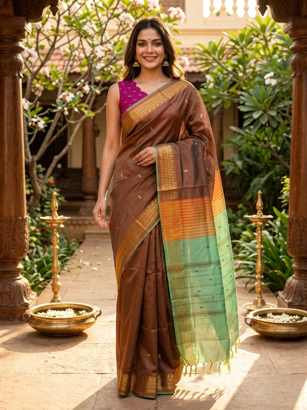Brown banana silk saree with gold zari border and contrast green striped pallu