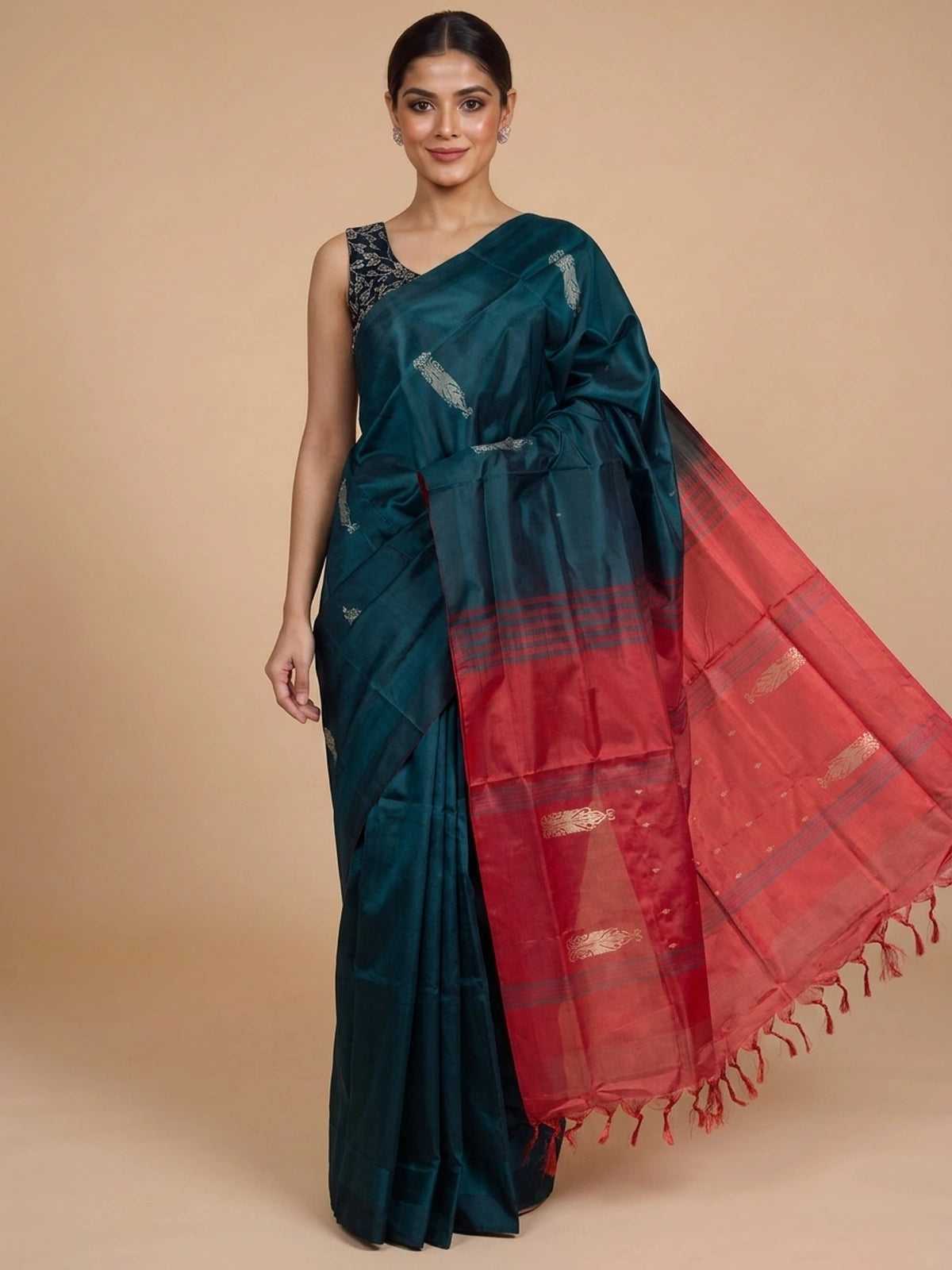 Teal green banana silk saree with gold zari buttas and contrast red striped pallu