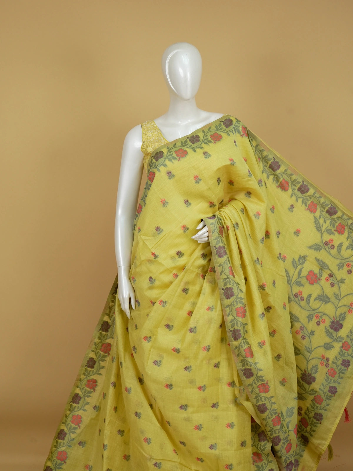Lime yellow linen cotton saree with multicolour floral buttis and woven floral vine border