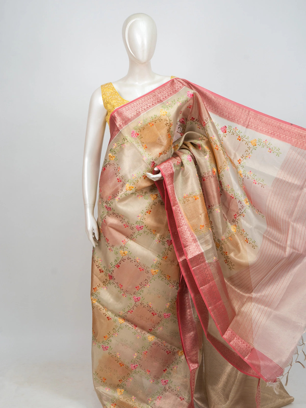 Beige and pink semi raw silk saree with multicolour floral embroidery and contrast zari border