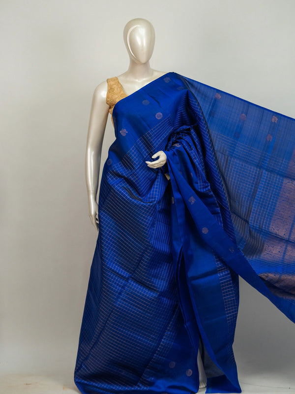 Royal blue pure soft silk saree with gold zari checks, peacock buttas and zari border