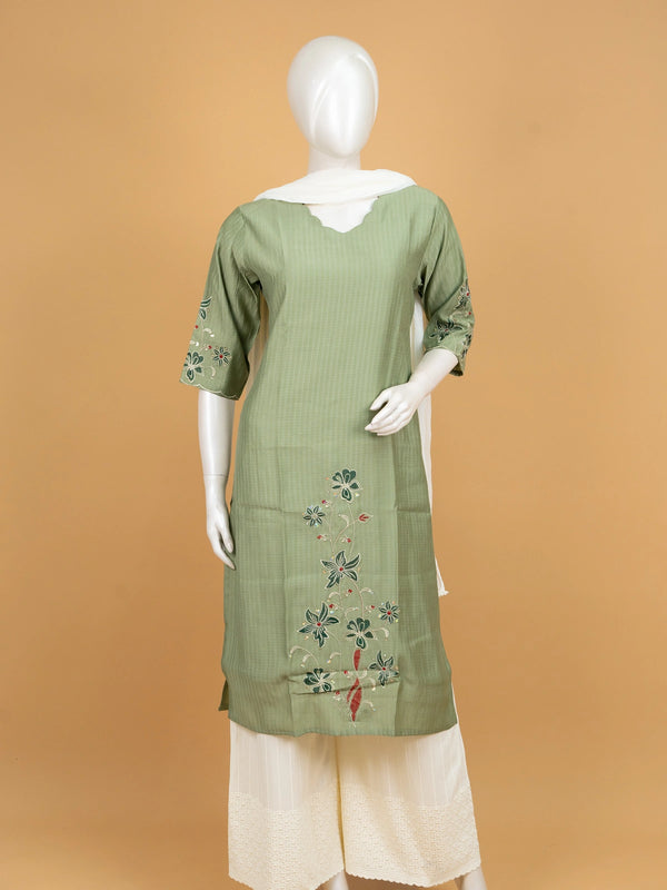 Sage Green floral embroidered cotton silk Anarkali kurti top with 3/4 sleeves and scalloped neckline