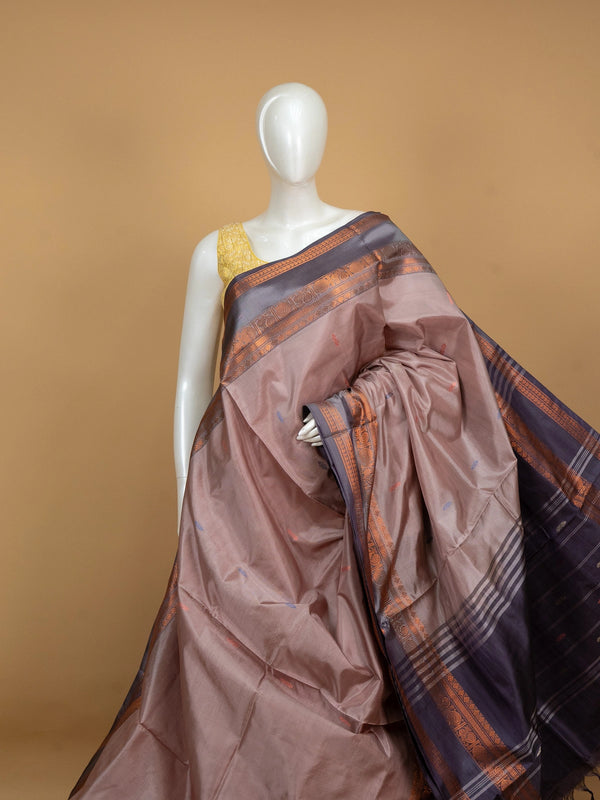 Mauve banana silk saree with navy blue copper zari border and pallu