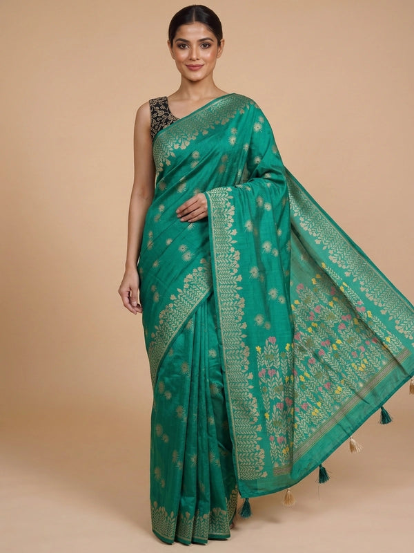 Sea green semi raw silk saree with gold zari floral motifs, woven leaf border and a multicolour floral pallu with contrast black blouse