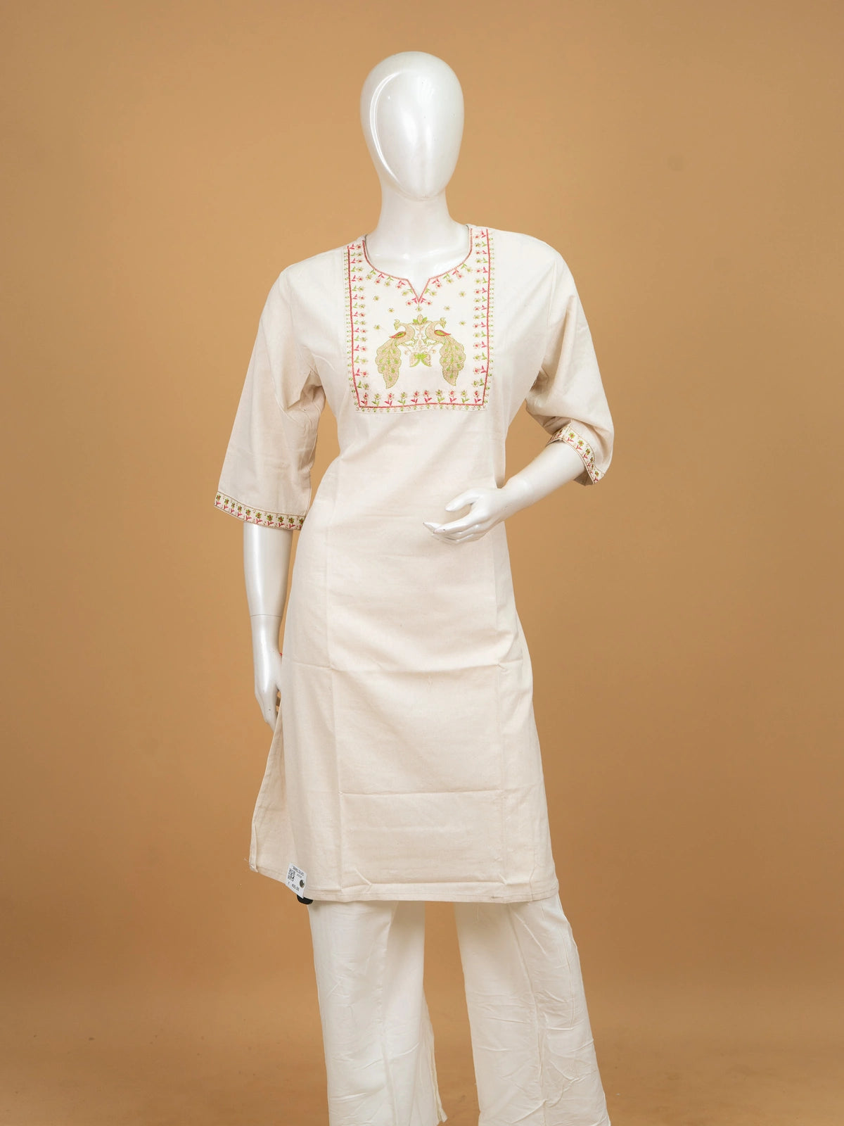 Off-White cotton straight cut kurti top with peacock embroidered yoke and 3/4th sleeves