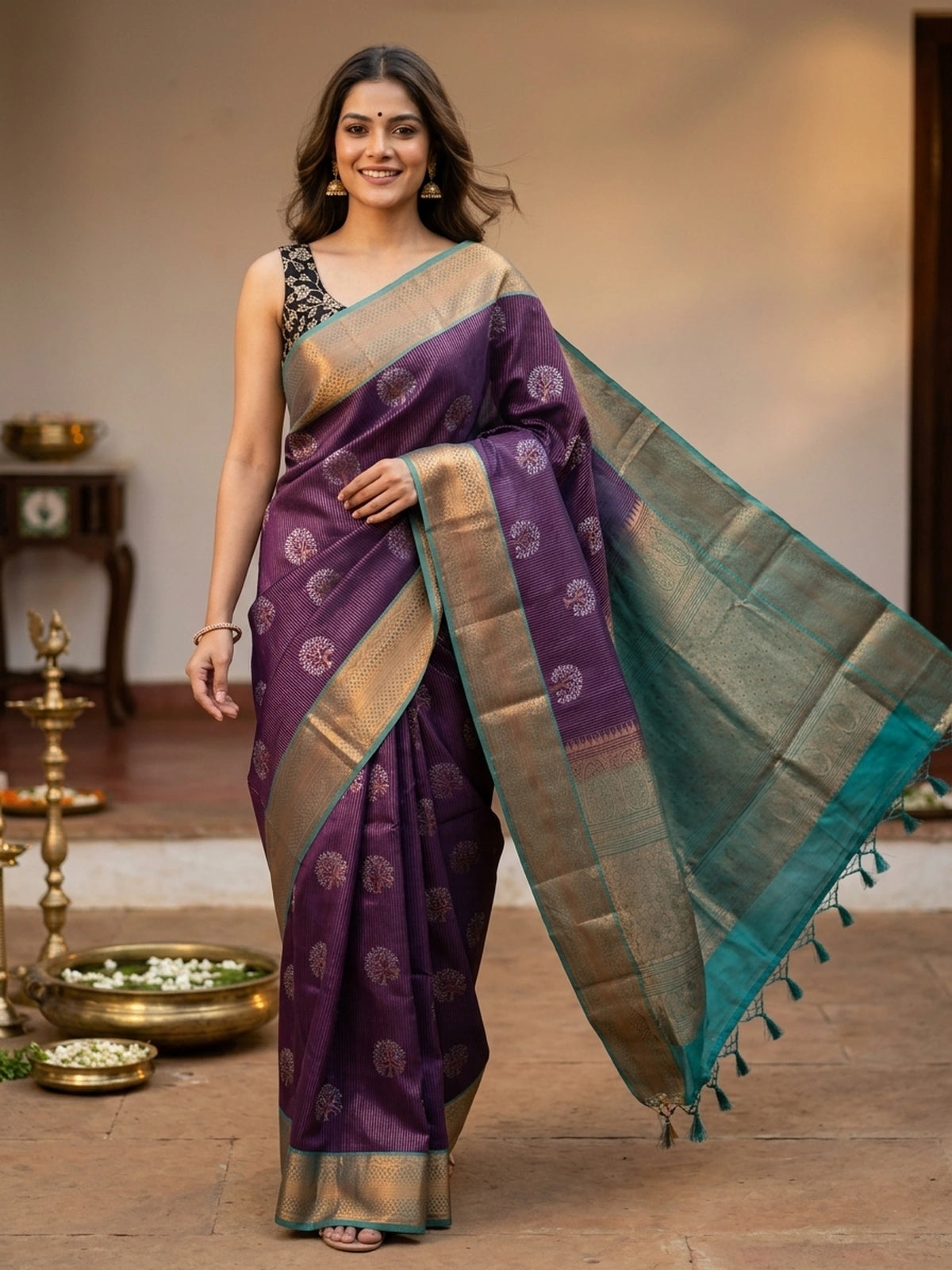 Purple and Teal Vaira Oosi Design Semi Silk Saree