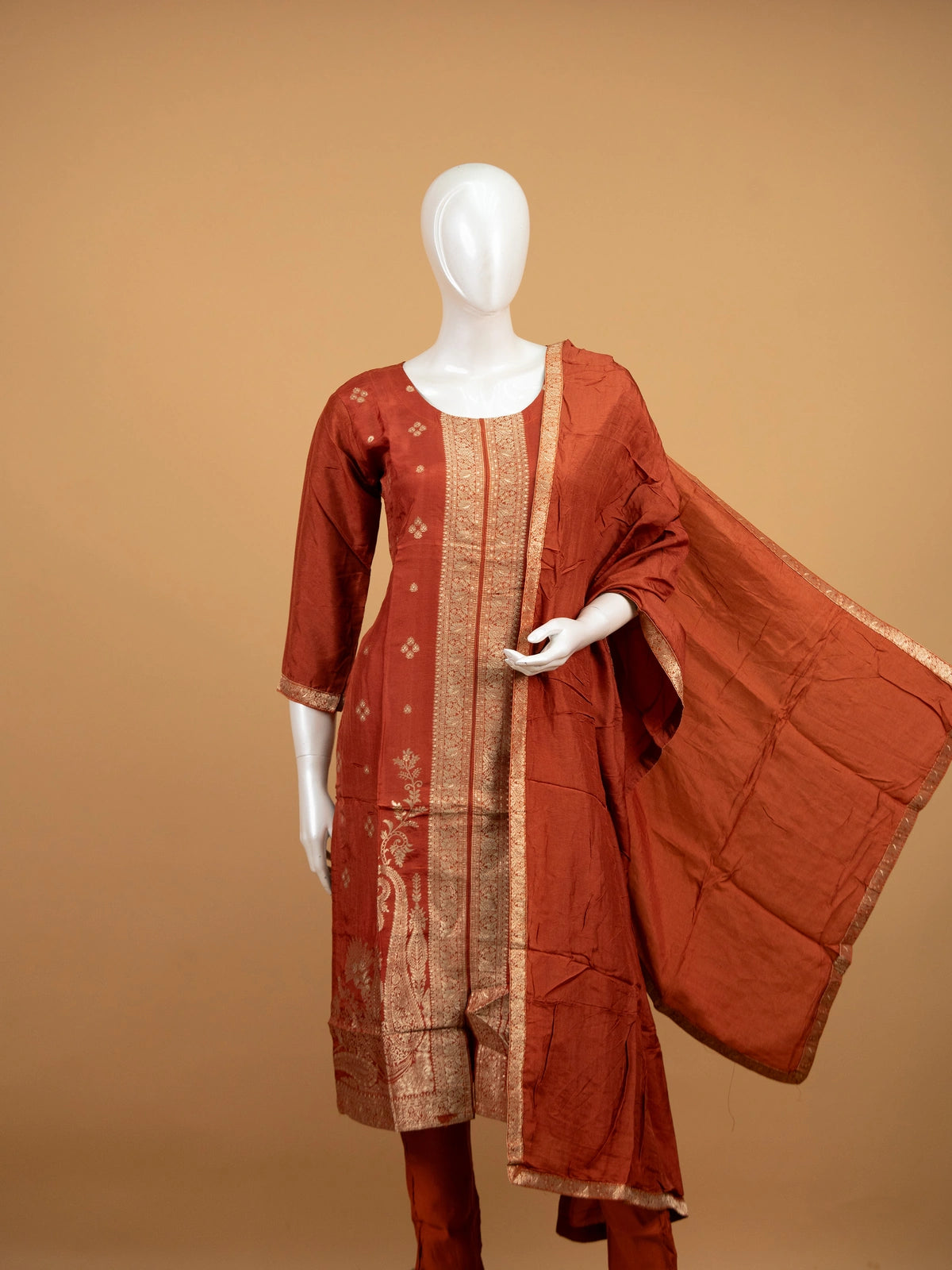 Rust Banarasi silk zari woven straight cut kurti set with matching pants and dupatta