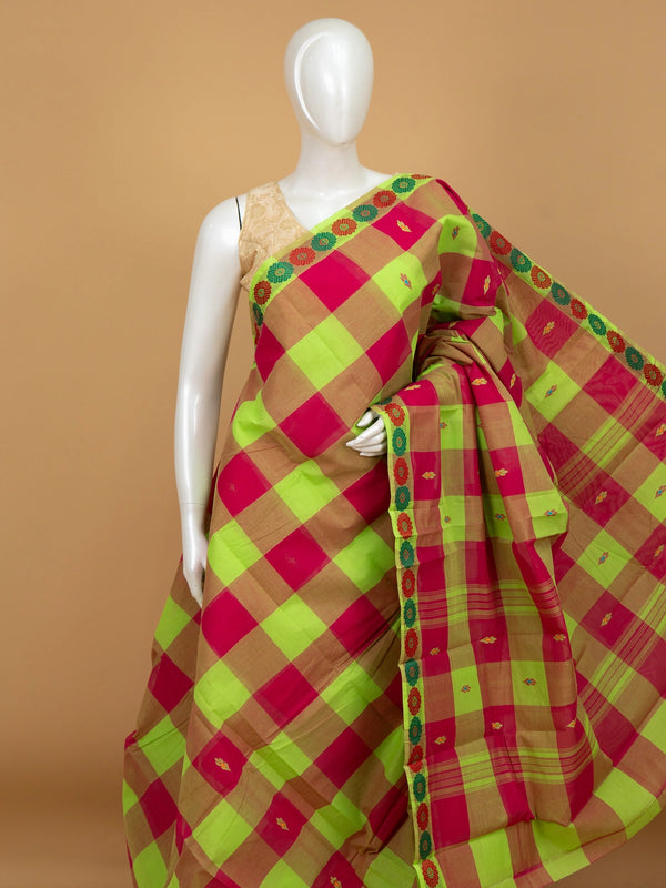 Pink and green checked Chettinad cotton saree with contrast lime-green floral border and woven leaf motifs