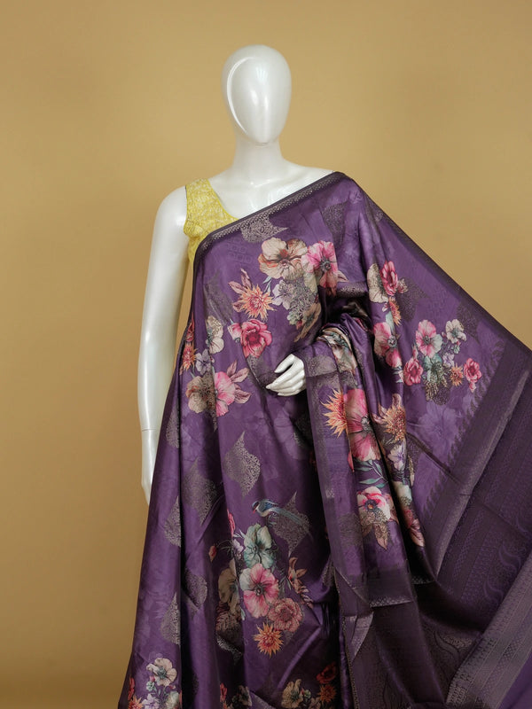 Purple Semi Tussar saree with multicolour floral print and woven zari border