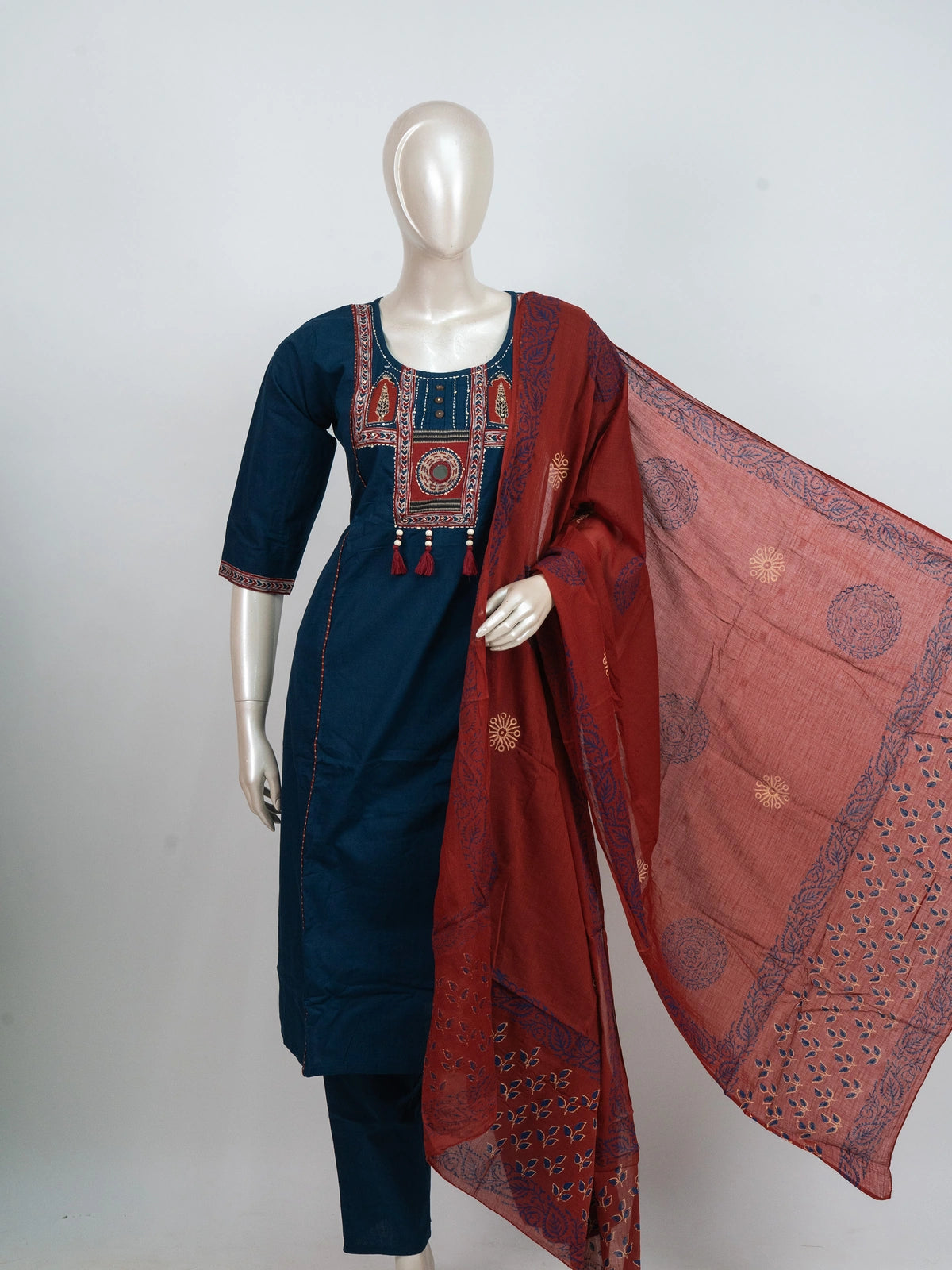 Teal Blue cotton straight cut kurti set with maroon mirror work embroidered yoke and block-printed dupatta