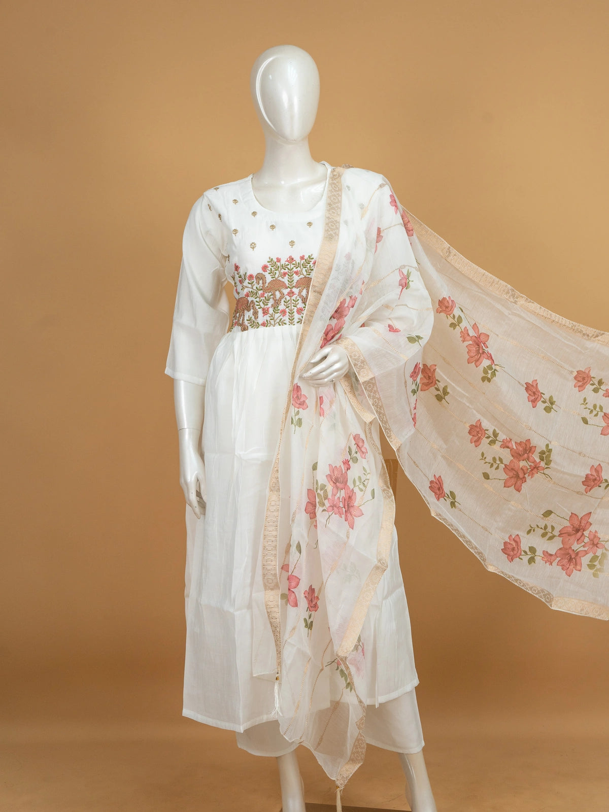 White flamingo embroidered cotton Anarkali kurti set with floral printed dupatta