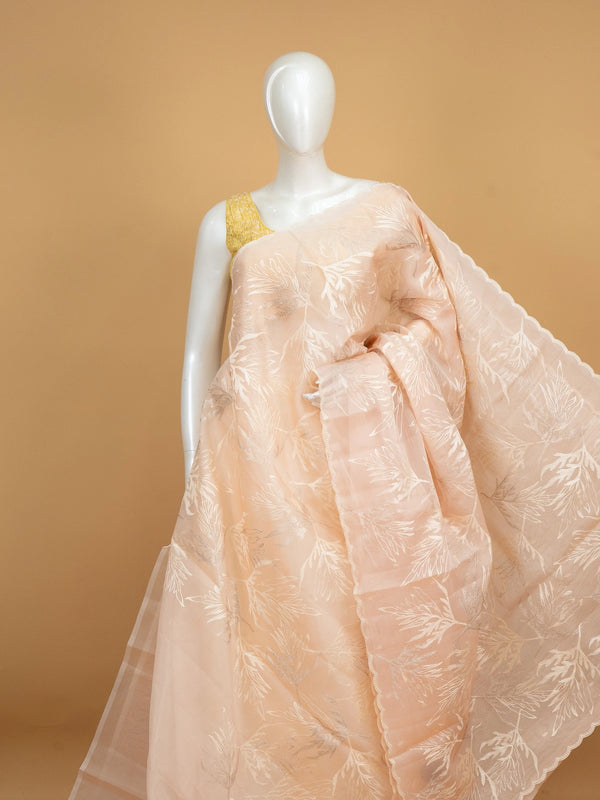 Soft peach organza designer saree with silver leaf embroidery and contrast yellow blouse