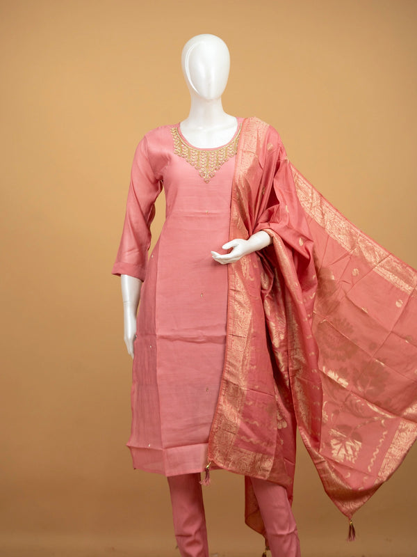 Rose Pink Chanderi Silk Zari Embroidered Straight Cut Kurti Set with dupatta