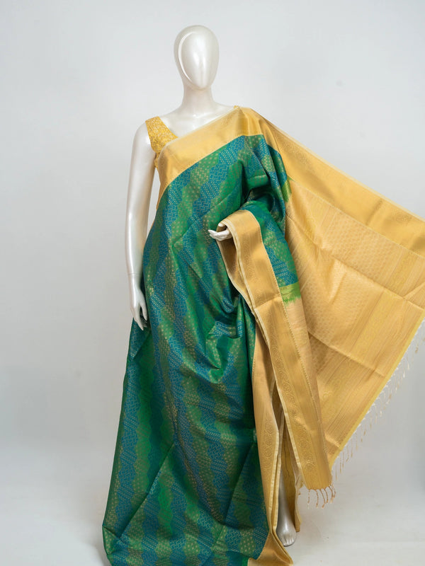 Green and gold Kanchipuram Fancy Silk saree with contrast gold zari border and woven pallu