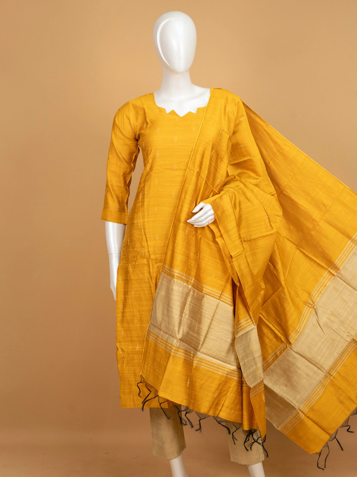 Mustard Yellow woven silk straight cut kurti set with gold zari border dupatta and beige pants