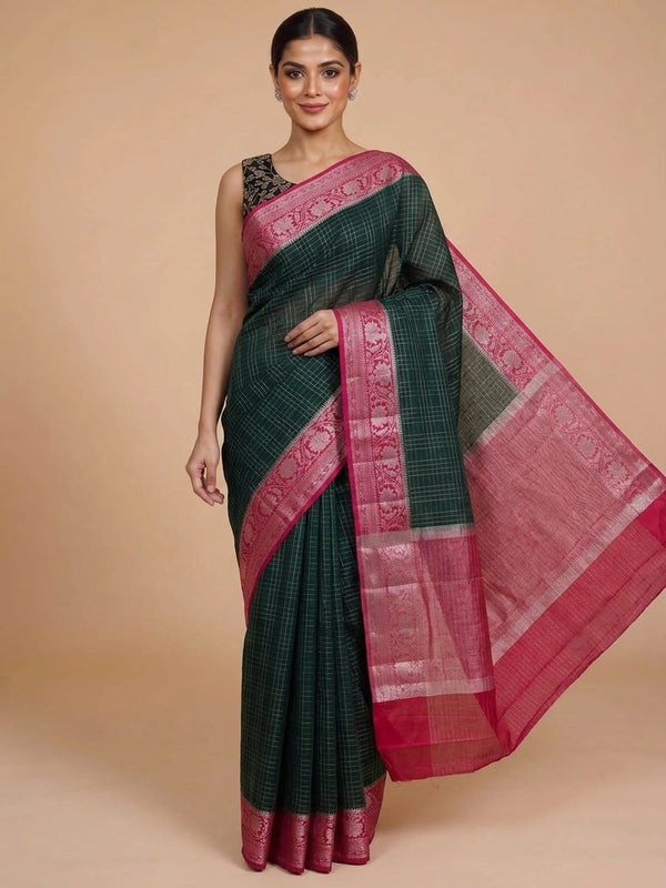Bottle green semi raw silk saree with silver zari checks and contrast pink floral zari border