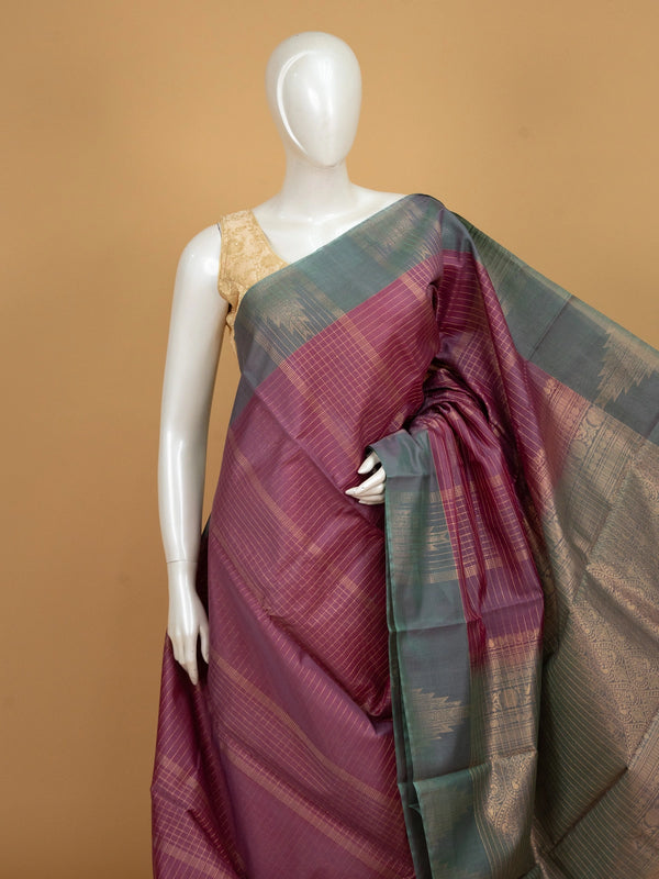Magenta pure silk cotton saree with gold zari checks and grey-green contrast zari border