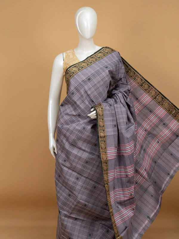 Mauve and pink checked Chettinad cotton saree with dark green gold zari peacock border