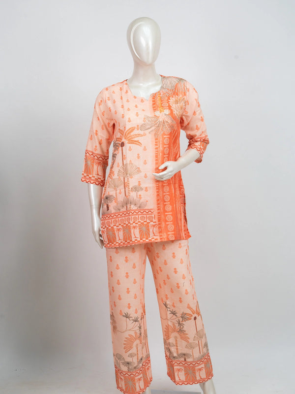 Peach and orange cotton tropical palm print co-ord set with short kurti and wide-leg pants