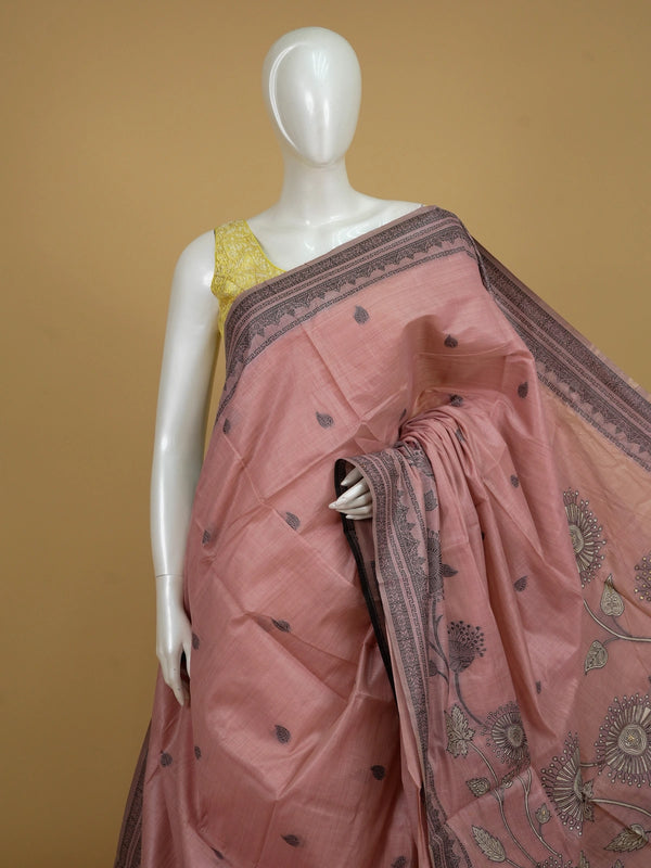 Dusty rose pink linen cotton saree with contrast printed border and floral pallu