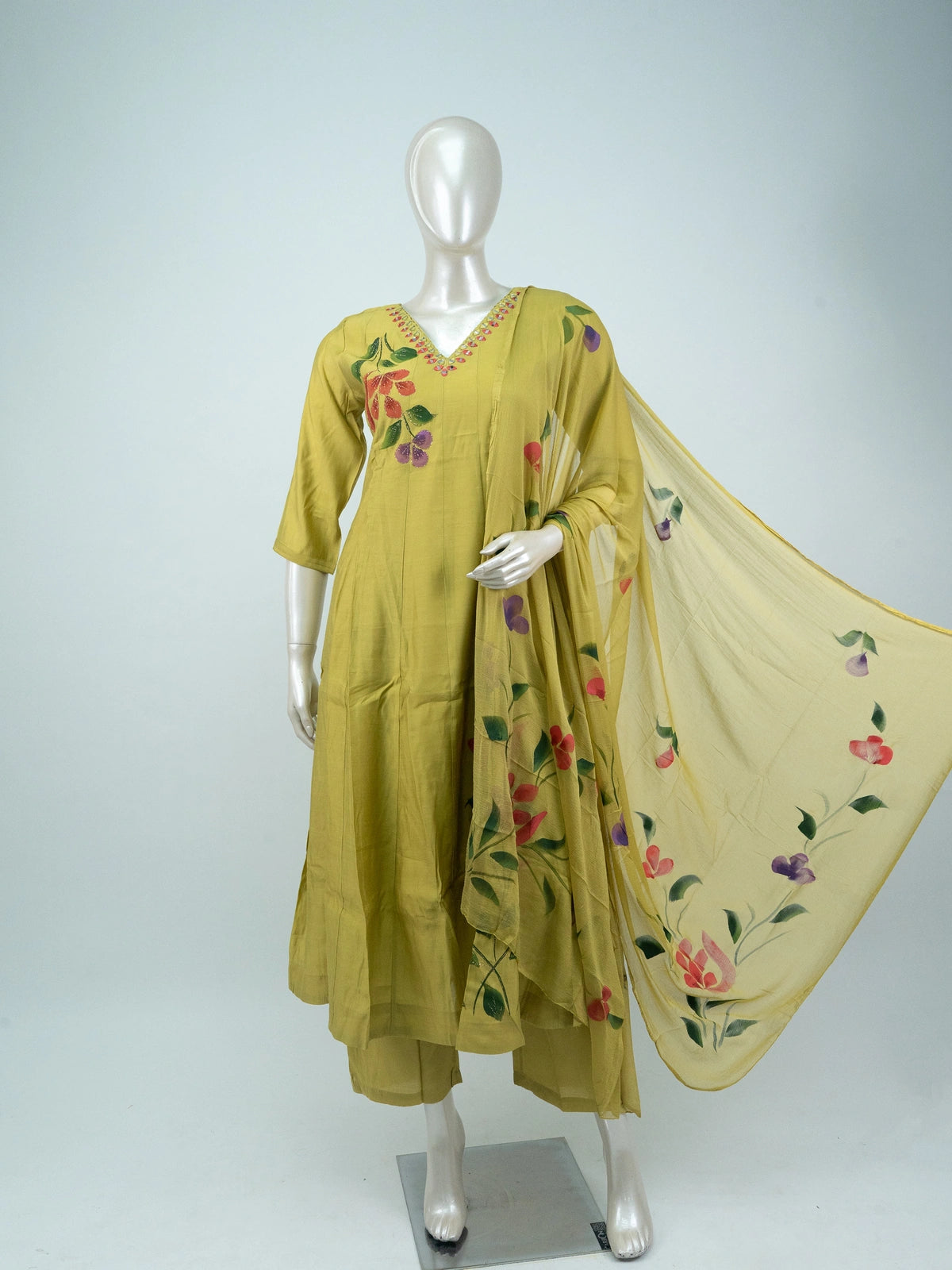 Mehndi Green hand-painted floral Anarkali kurti set with mirror work neckline and matching chiffon dupatta