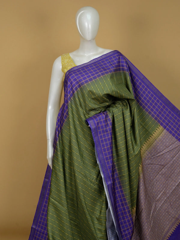 Olive green Dola silk saree with contrast violet checked zari border and geometric gold zari pallu