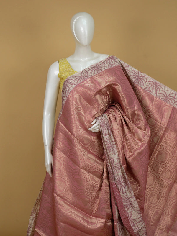 Pink and cream designer art silk saree with woven zari paisley body and contrast palm-tree printed border