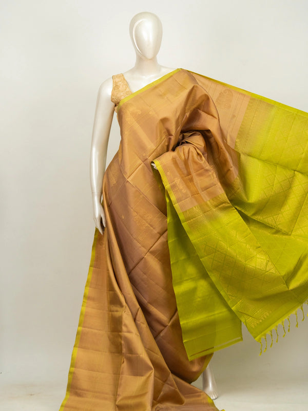 Copper gold Kanchipuram Pure Mix saree with lime green gold zari contrast border and pallu