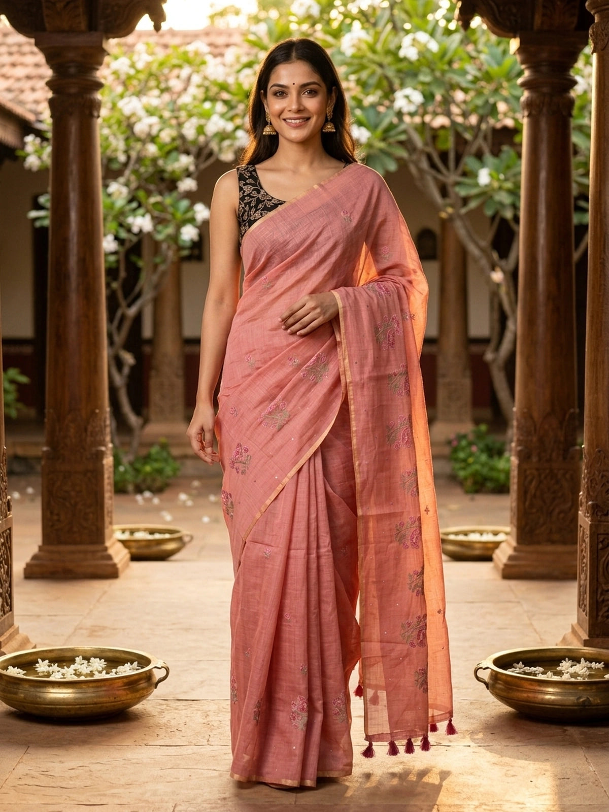 Dusty rose pink linen cotton saree with floral embroidery, sequin work, gold border and tasselled pallu