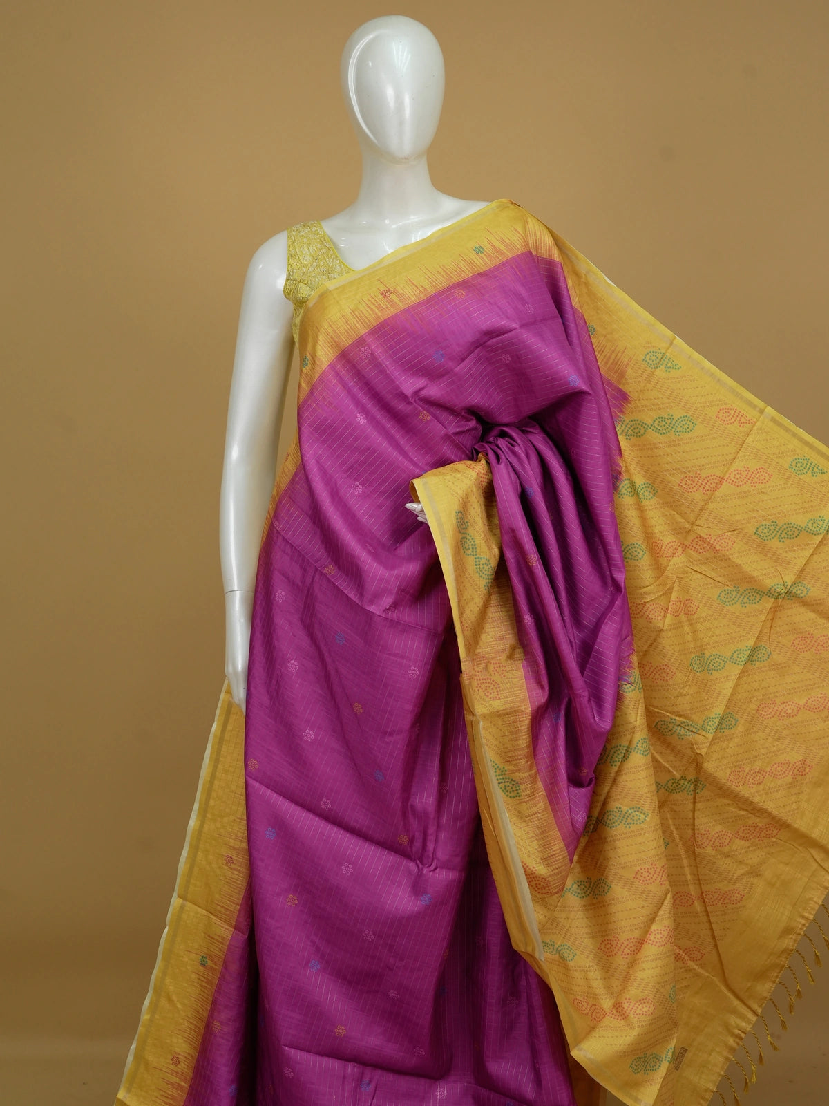 Magenta Dola silk saree with yellow contrast border and bandhani-motif pallu