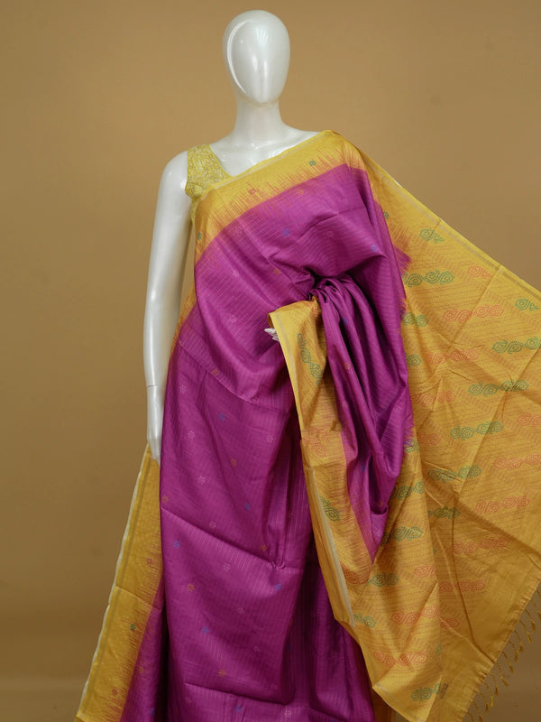 Magenta Dola silk saree with yellow contrast border and bandhani-motif pallu