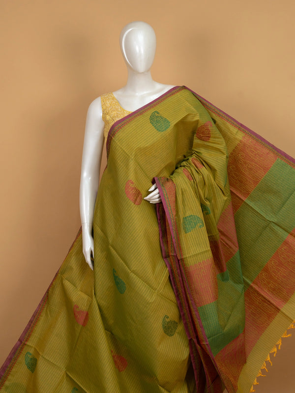 Mehndi green semi raw silk saree with paisley and elephant motifs, contrast maroon border and banded pallu