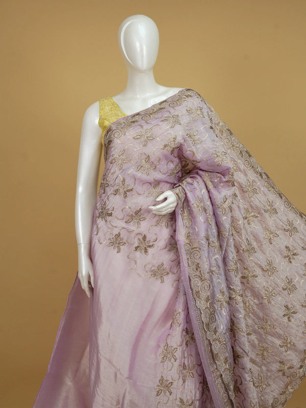 Lavender organza designer saree with gold floral zari and sequin embroidery and scrolled border