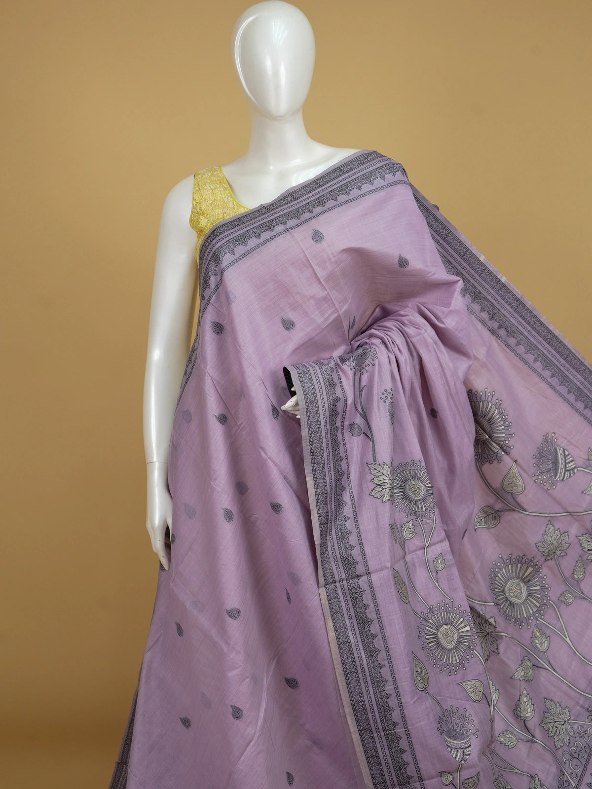 Lavender linen cotton saree with grey contrast border, floral pallu and yellow blouse