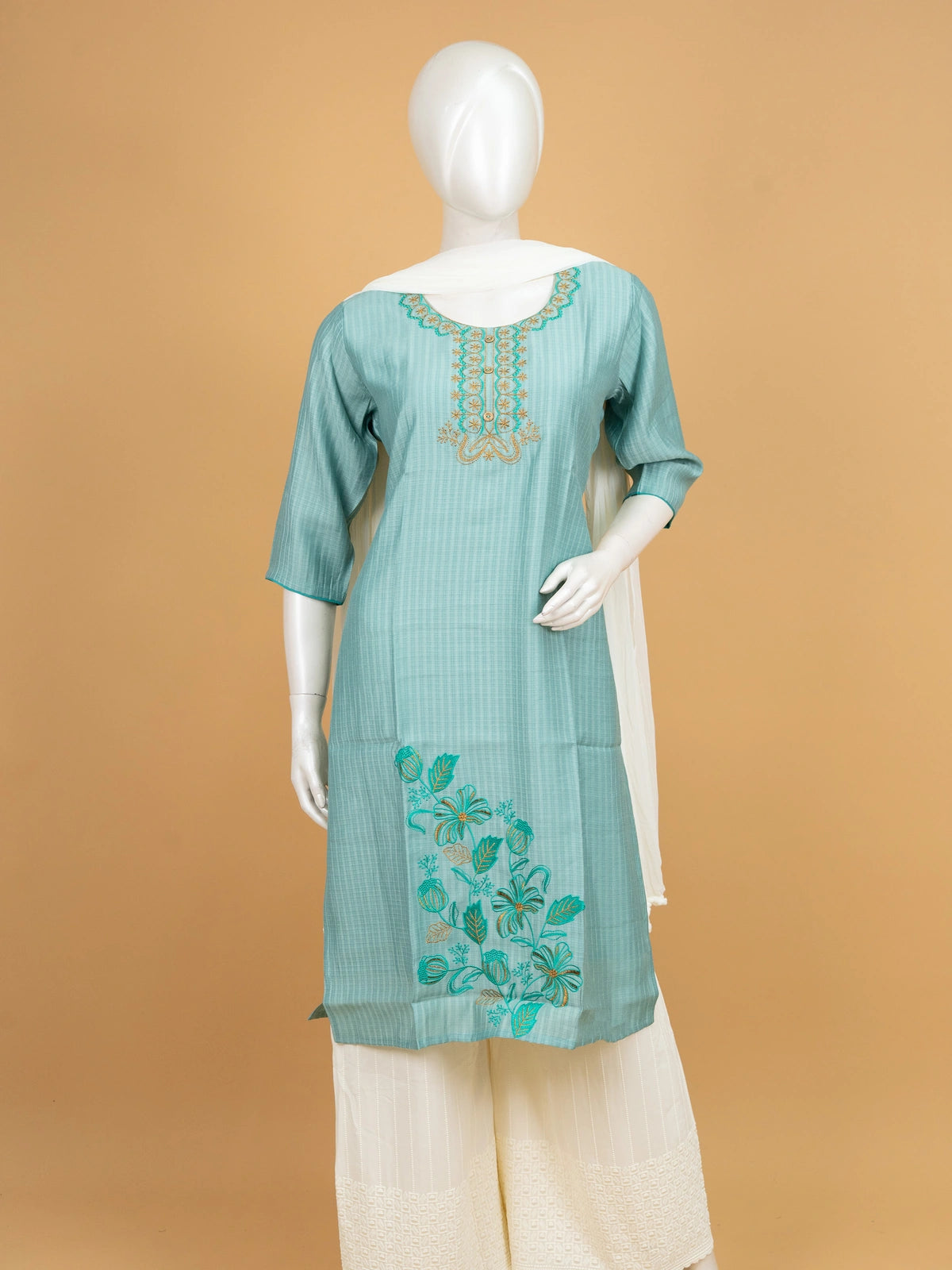 Sea Green cotton floral embroidered Anarkali kurti top with gold and teal thread work
