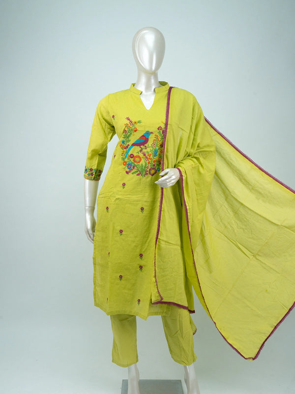 Lime green cotton straight cut kurti set with multicoloured bird embroidery and matching dupatta