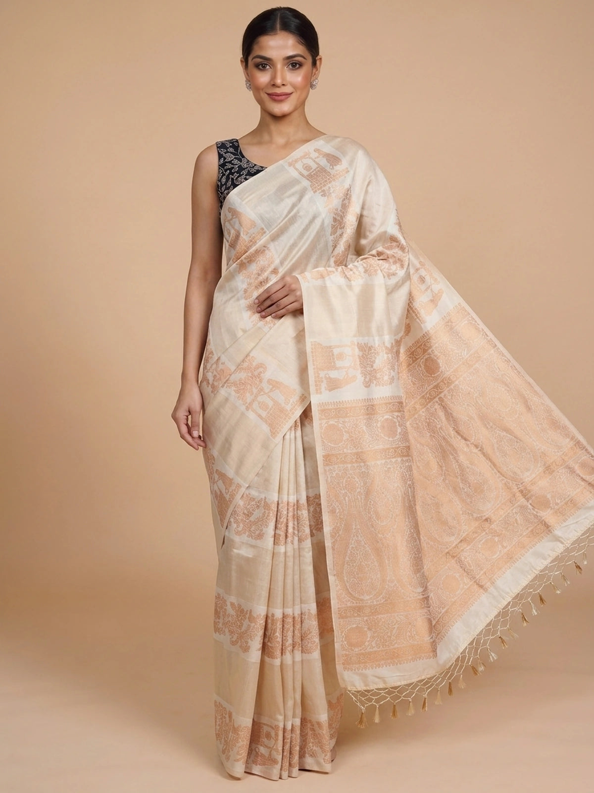 Cream and Copper Semi Raw Silk Saree