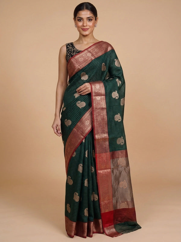 Dark green semi raw silk saree with red contrast zari border and paisley butta motifs