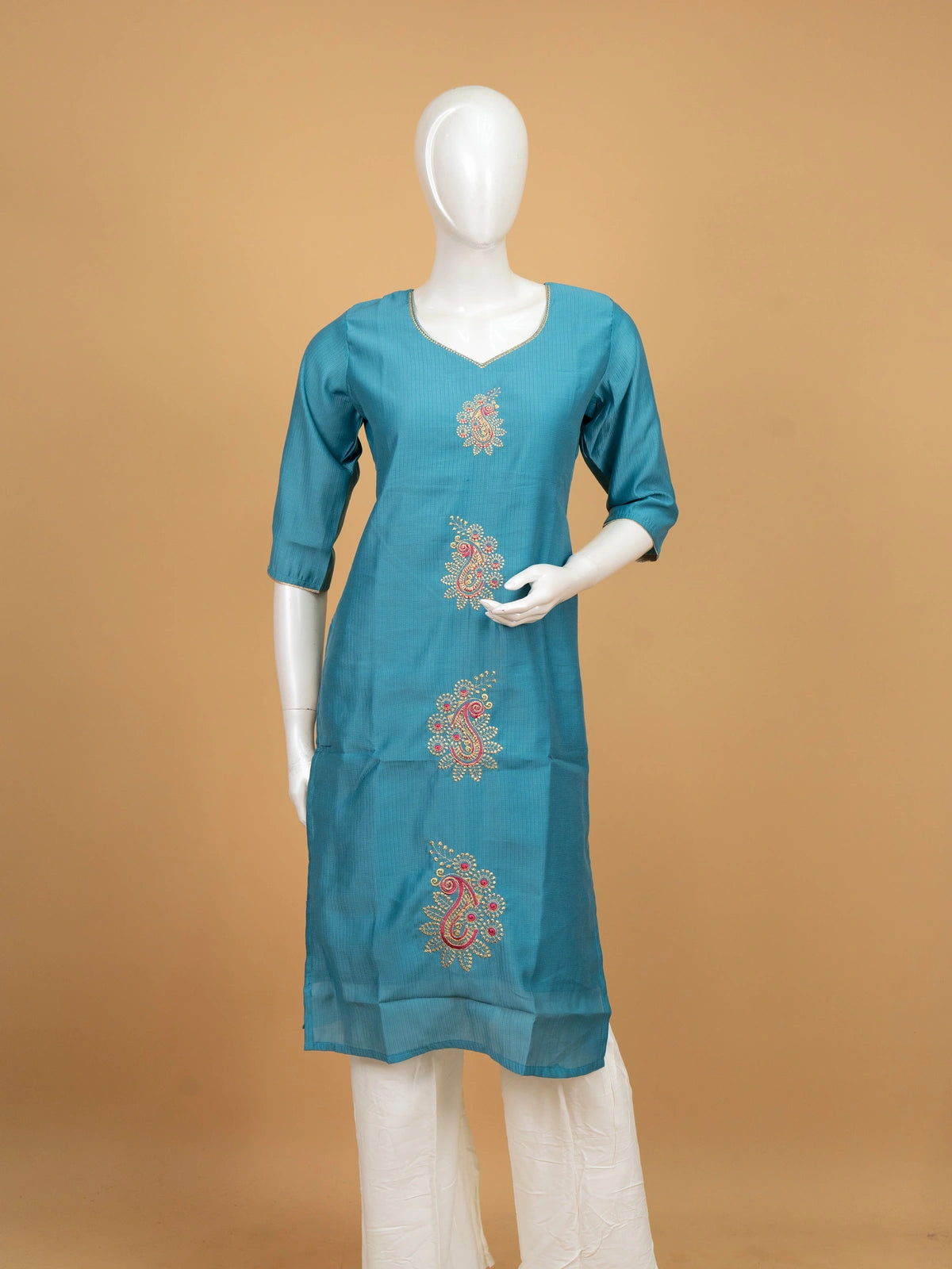 Teal Blue Paisley Embroidered Cotton Silk Straight Cut Kurti Top