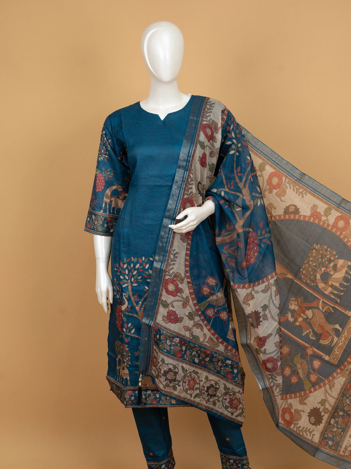 Teal Blue Kalamkari printed cotton straight cut kurti set with pants and dupatta