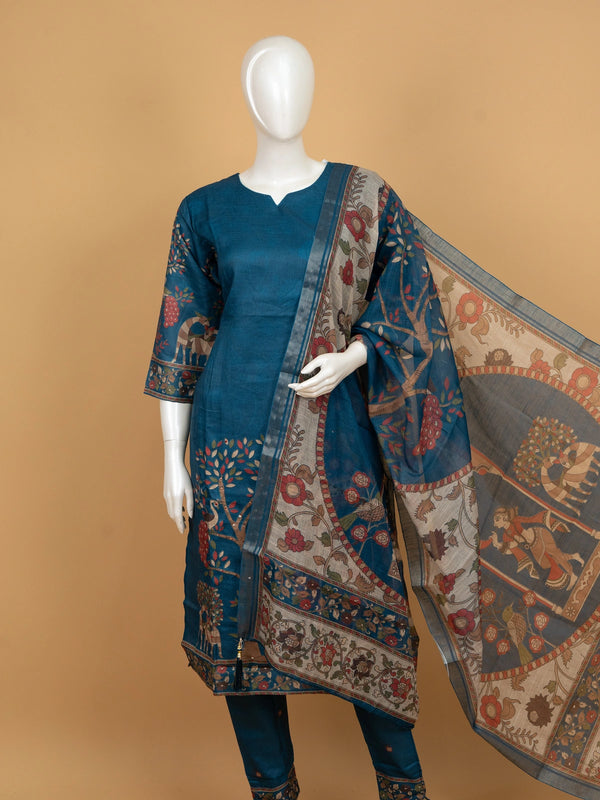 Teal Blue Kalamkari printed cotton straight cut kurti set with pants and dupatta