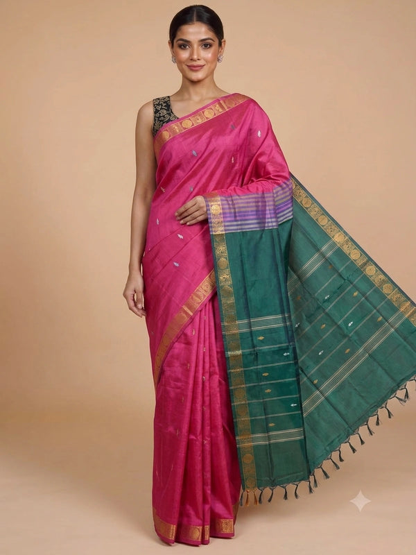 Pink Banana Silk saree with contrast green pallu and gold zari border