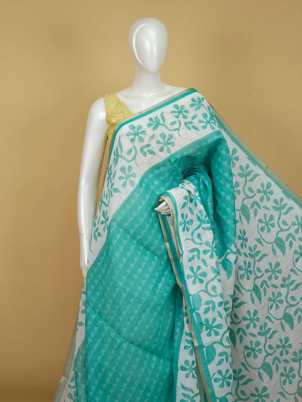 Teal and white floral printed linen cotton saree with gold border and matching blouse