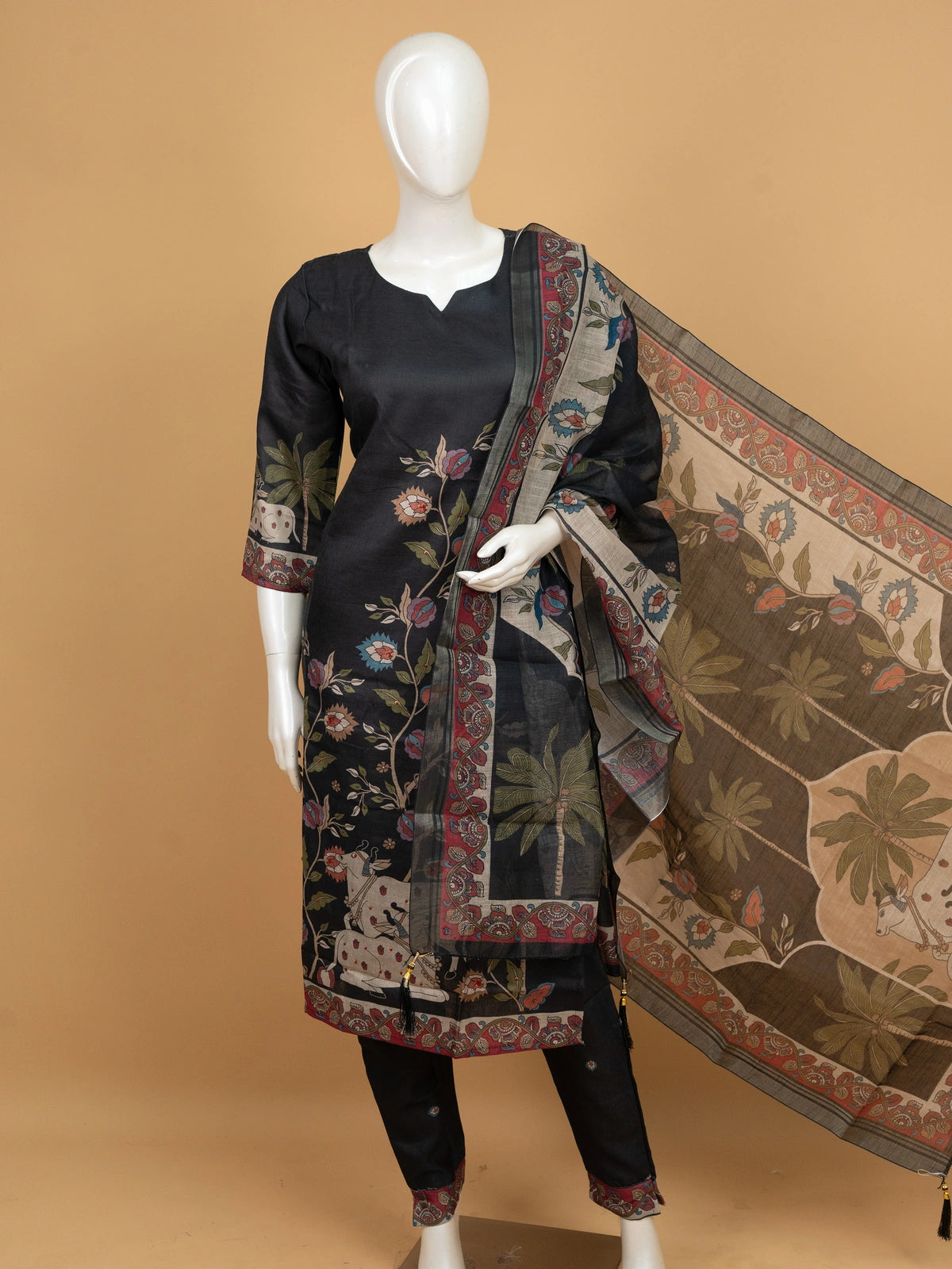 Black cotton silk Pichwai printed straight cut kurti set with matching pants and Kalamkari dupatta