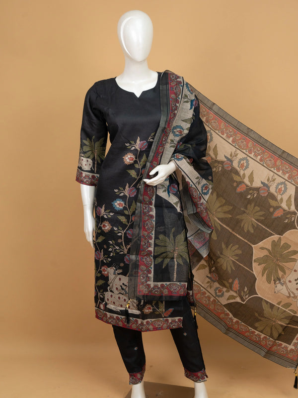 Black cotton silk Pichwai printed straight cut kurti set with matching pants and Kalamkari dupatta