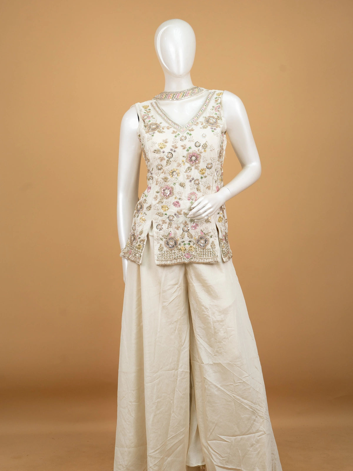 Ivory floral embroidered art silk straight cut kurti set with palazzo pants and sequin dupatta