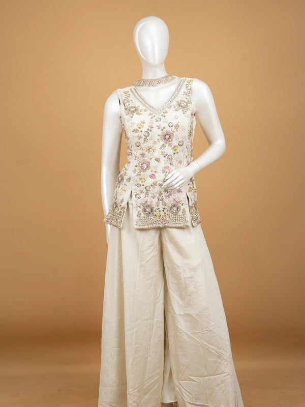 Ivory floral embroidered art silk straight cut kurti set with palazzo pants and sequin dupatta
